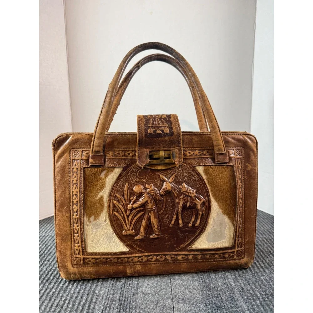 Vintage Mexican Tooled Leather Aztec Calendar Satchel Bag Cowhide Hecho Mexico - Picture 1 of 10
